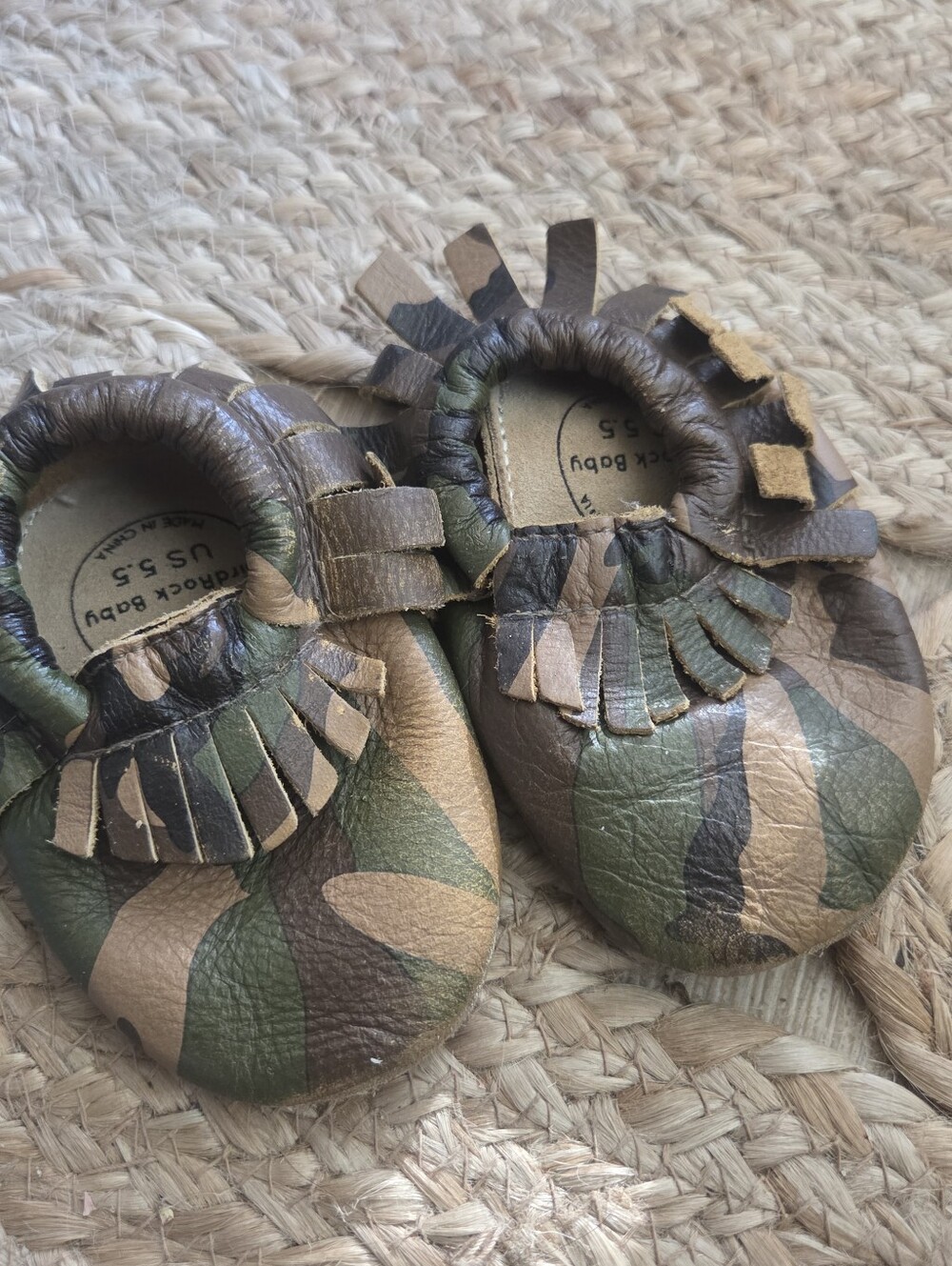Baby Moccasins - Camo Green Brown Leather Baby Shoes 5.5